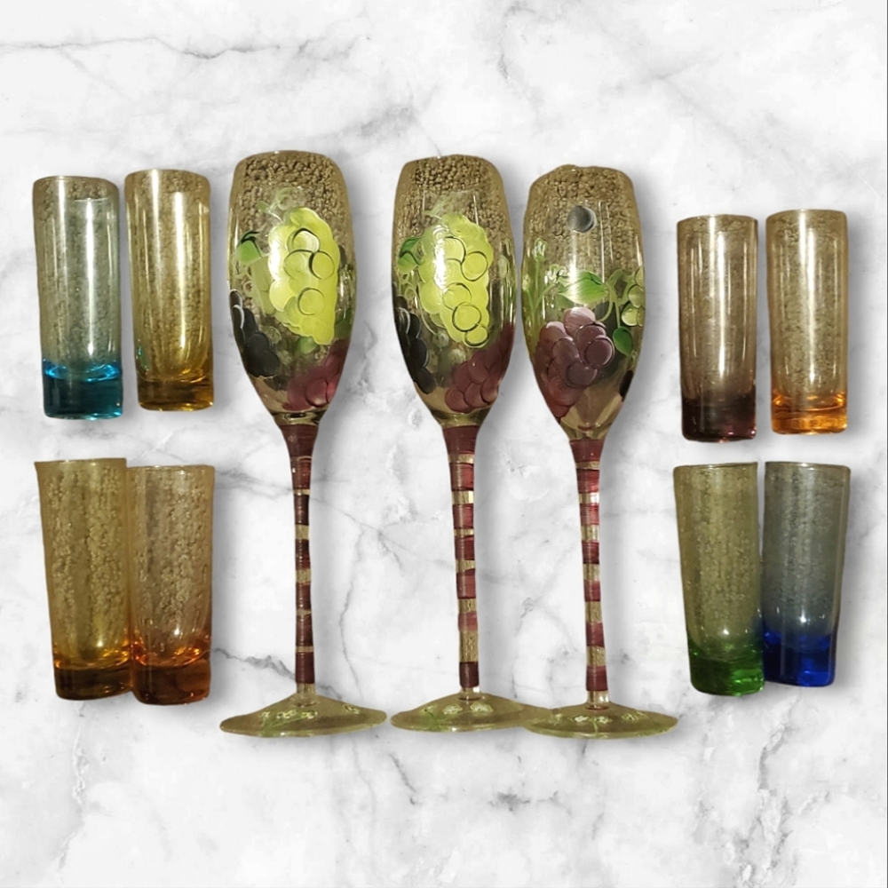 Dining hand-painted Champange wine glasses and Vintage Tall Crystal Multi Colour